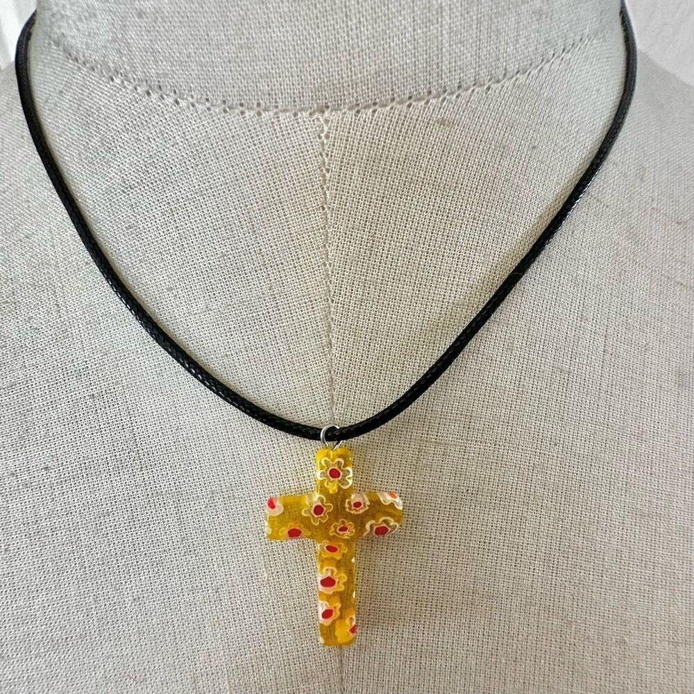 Yellow millefiori cross pendant necklace